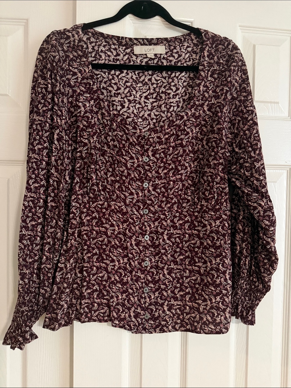 LOFT Burgundy Floral Button-Front Top